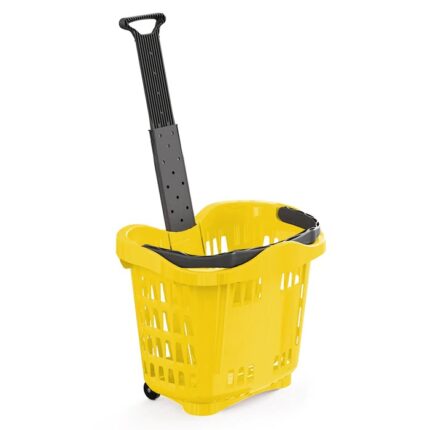 Canastilla de supermercado amarilla de 43 litros con ruedas y asa telescópica extendida