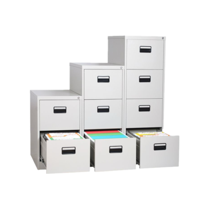 Línea de archiveros metálicos modulares de 2, 3 y 4 gavetas en color gris